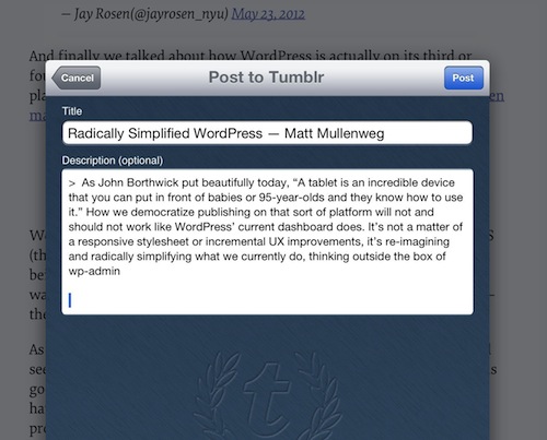 Instapaper and Tumblr integration